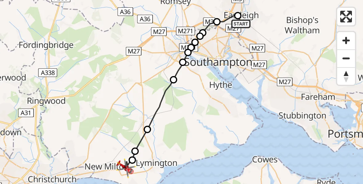 Flight path map showing Air Ambulance Helicopter route from Southampton Airport to Hordle