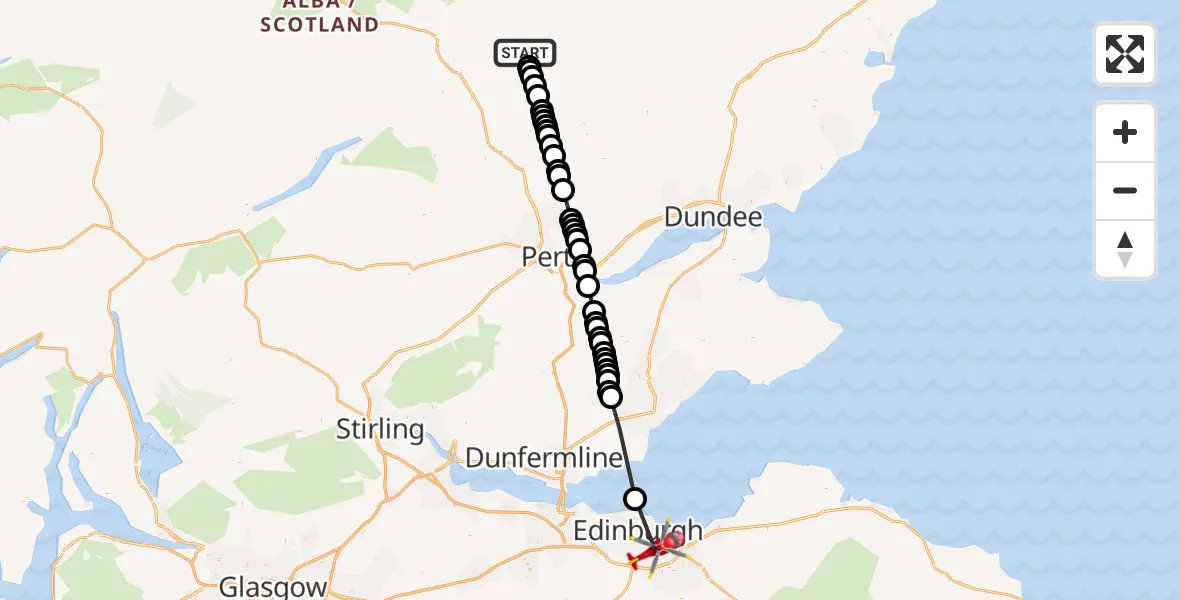 Flight path map showing Air Ambulance Helicopter route from Kirkmichael to Moredun