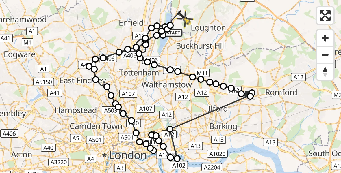 Flight path map showing Police Helicopter route from Chingford to Sewardstonebury