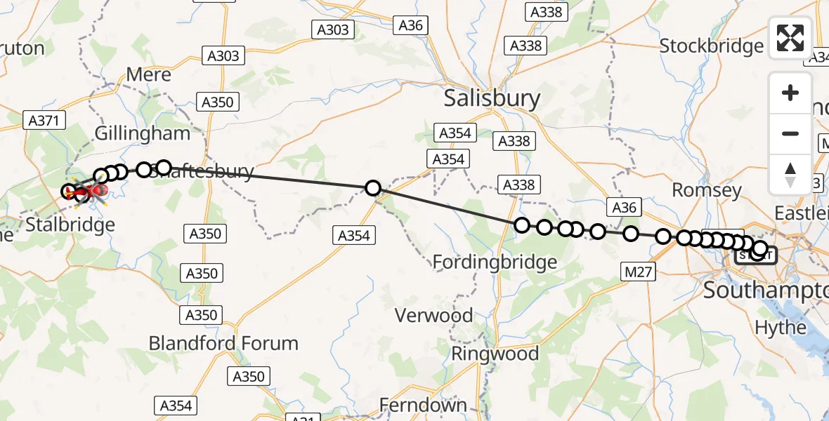 Flight path map showing Air Ambulance Helicopter route from University Hospital Southampton to Henstridge Airfield