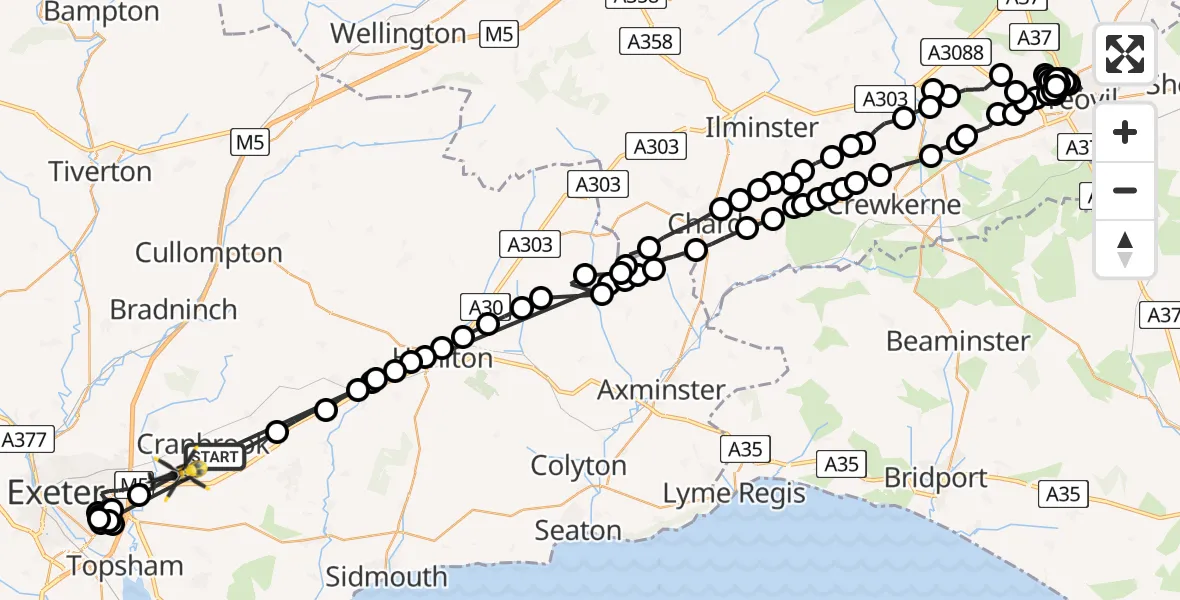 Flight path map showing Police Helicopter route from Rockbeare to Exeter International Airport