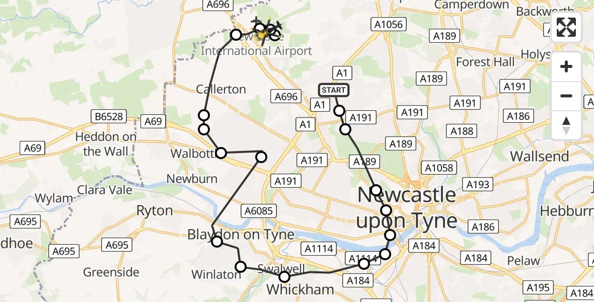 Flight path map showing Police Helicopter route from Kenton to Newcastle International Airport