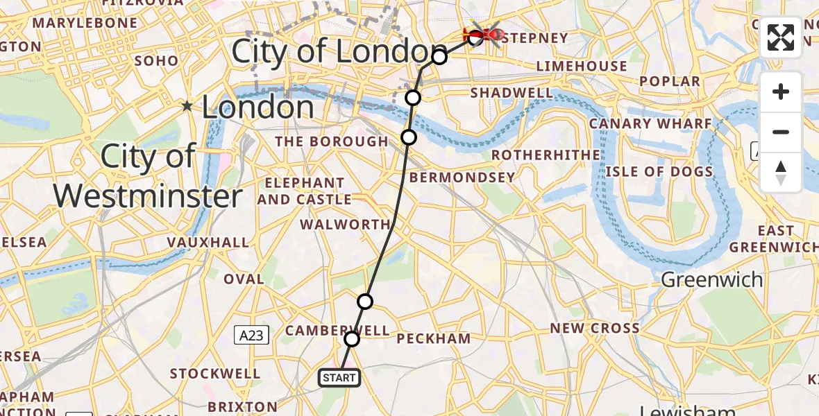 Flight path map showing Air Ambulance Helicopter route from Kings College London Hospital to Royal London Hospital
