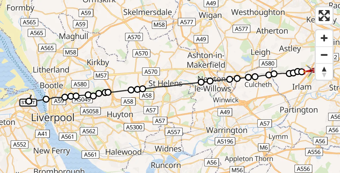 Flight path map showing Air Ambulance Helicopter route from Wallasey to Irlam