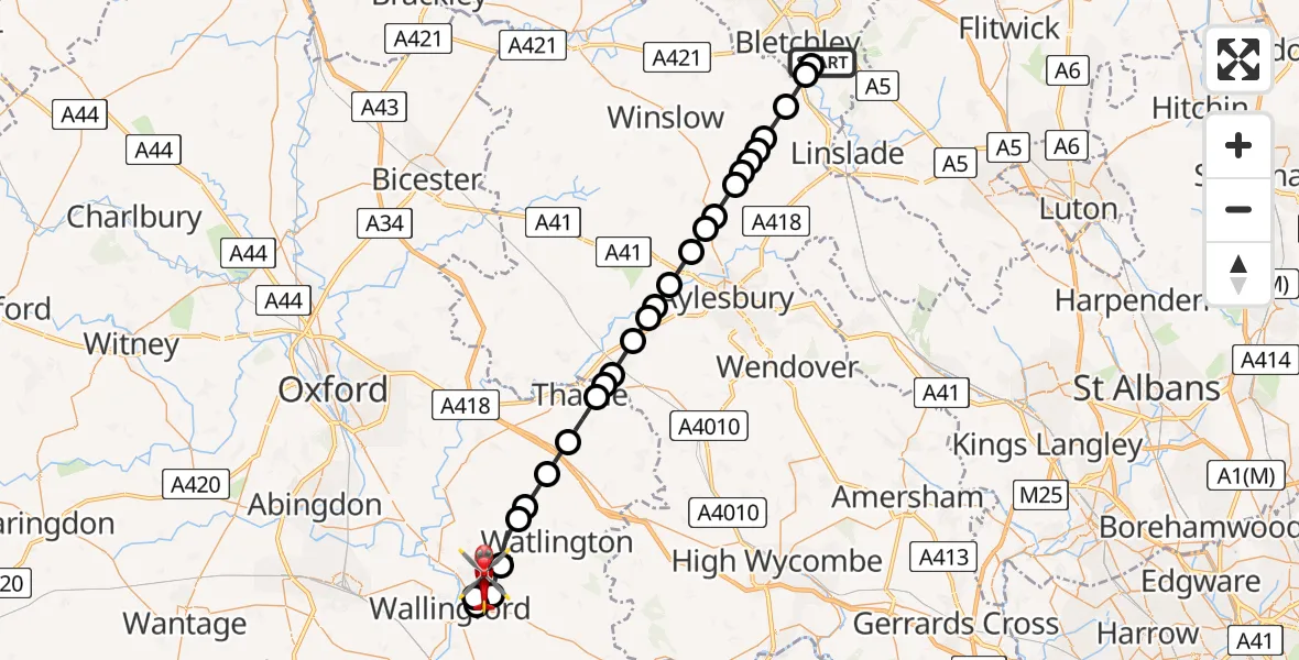 Flight path map showing Air Ambulance Helicopter route from Great Brickhill to RAF Benson
