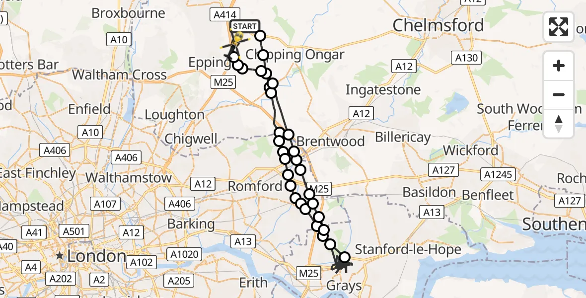 Flight path map showing Police Helicopter route from North Weald Bassett to North Weald Airfield