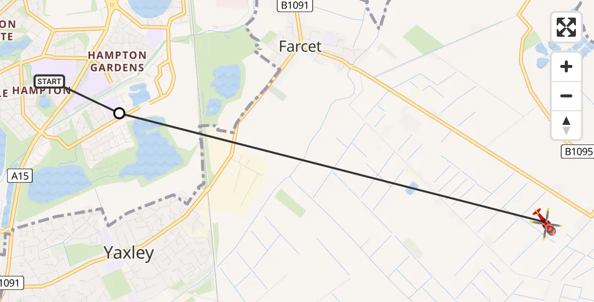 Flight path map showing Air Ambulance Helicopter route from Hampton to Farcet