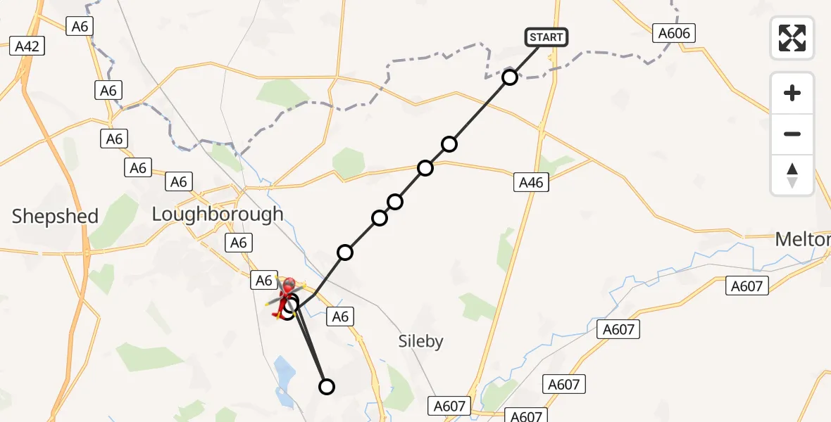 Flight path map showing Air Ambulance Helicopter route from Willoughby on the Wolds to Quorn