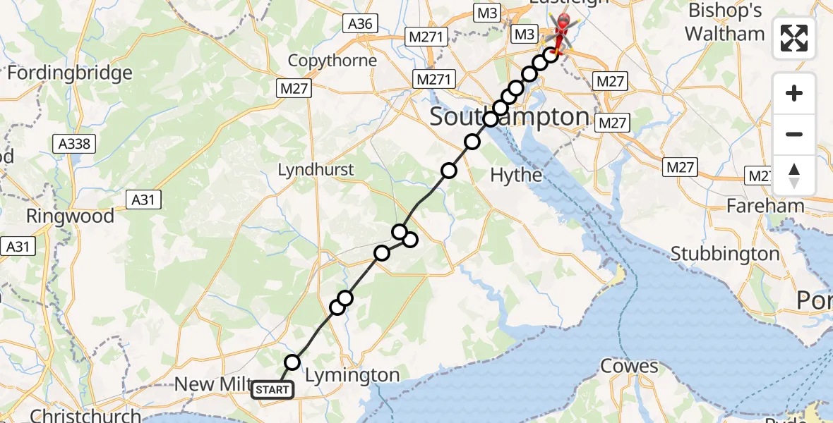Flight path map showing Air Ambulance Helicopter route from Hordle to Southampton Airport