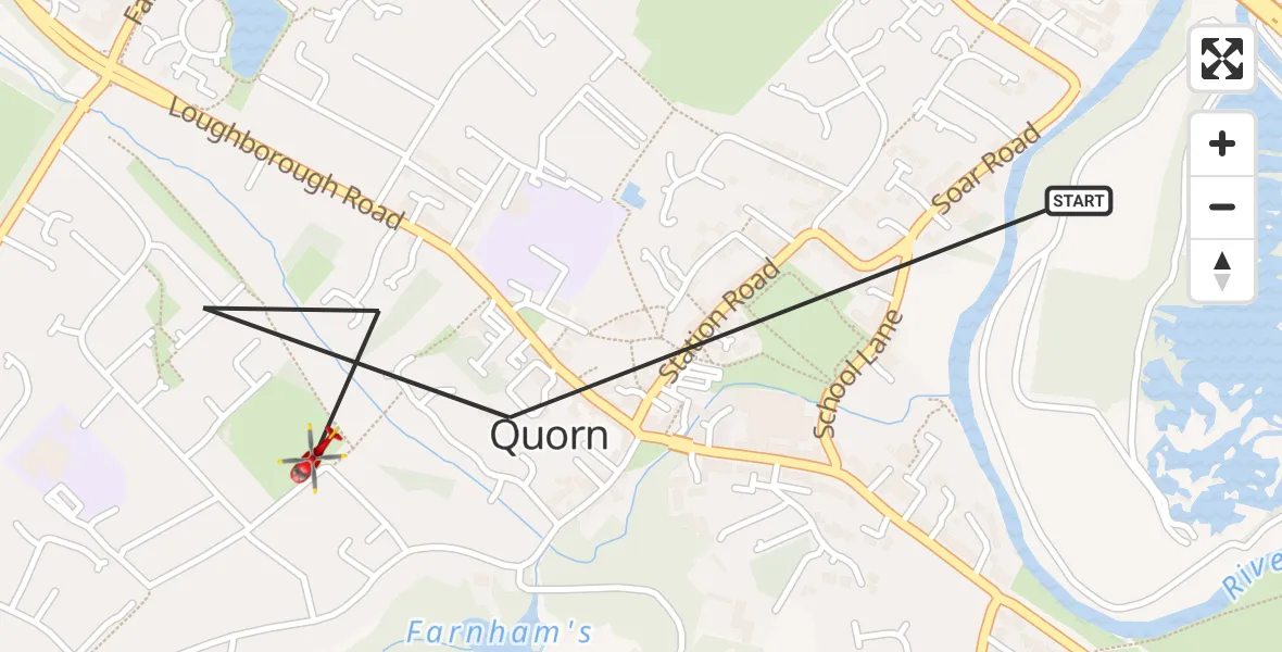 Flight path map showing Air Ambulance Helicopter route from Quorn to Quorn