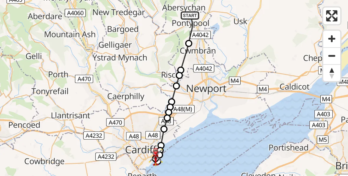 Flight path map showing Air Ambulance Helicopter route from Pontypool to Cardiff Heliport