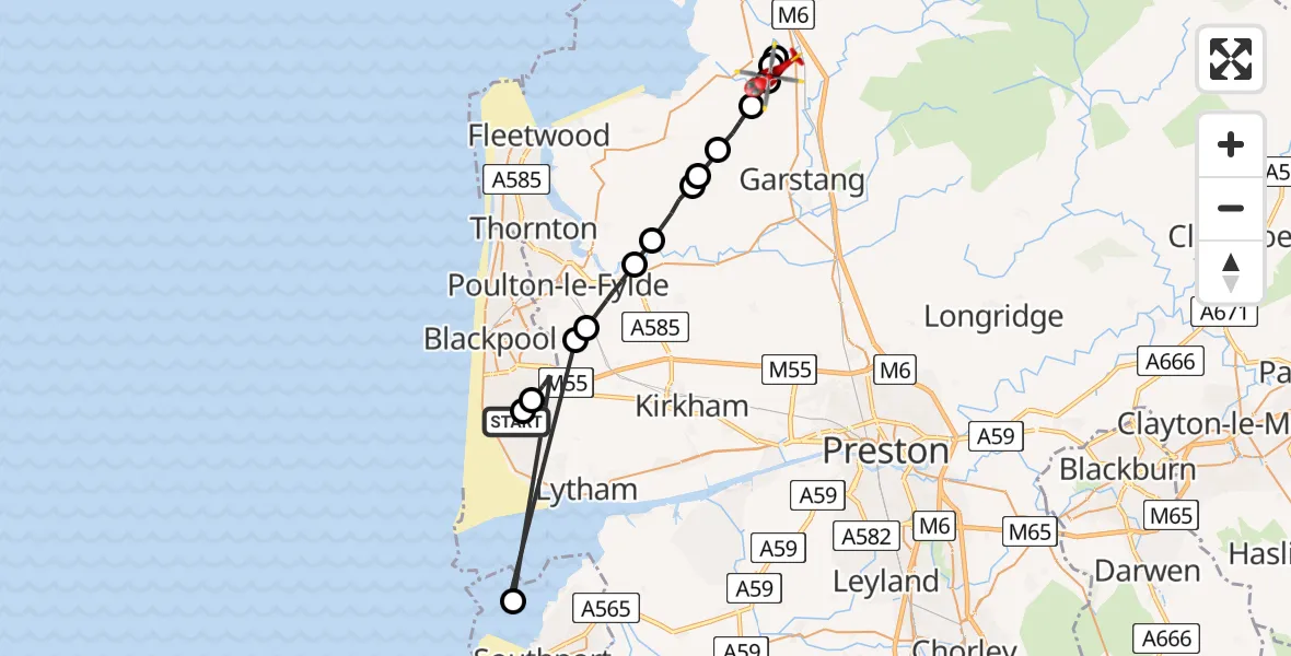 Flight path map showing Air Ambulance Helicopter route from Blackpool Airport to Cockerham