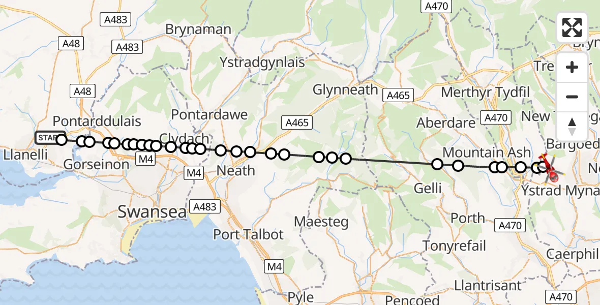 Flight path map showing Air Ambulance Helicopter route from Dafen to Gelligaer