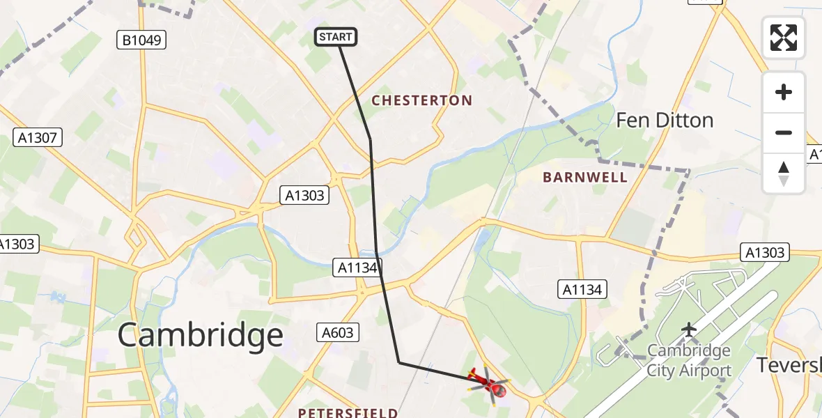 Flight path map showing Air Ambulance Helicopter route from Cambridge to Cambridge
