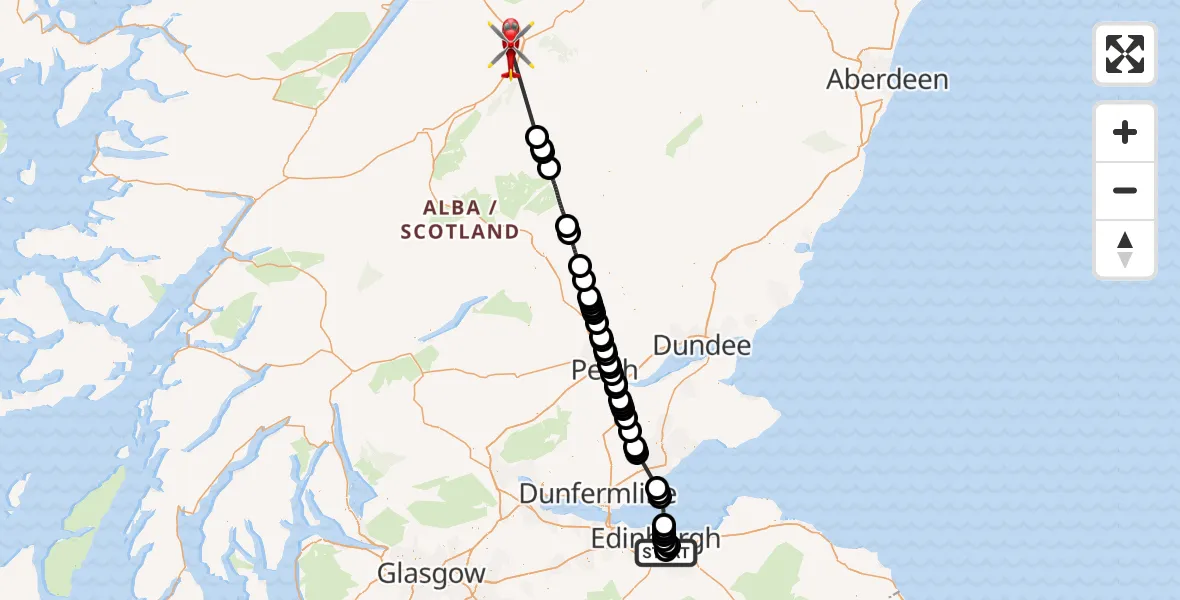 Flight path map showing Air Ambulance Helicopter route from RIE Rooftop to Aviemore