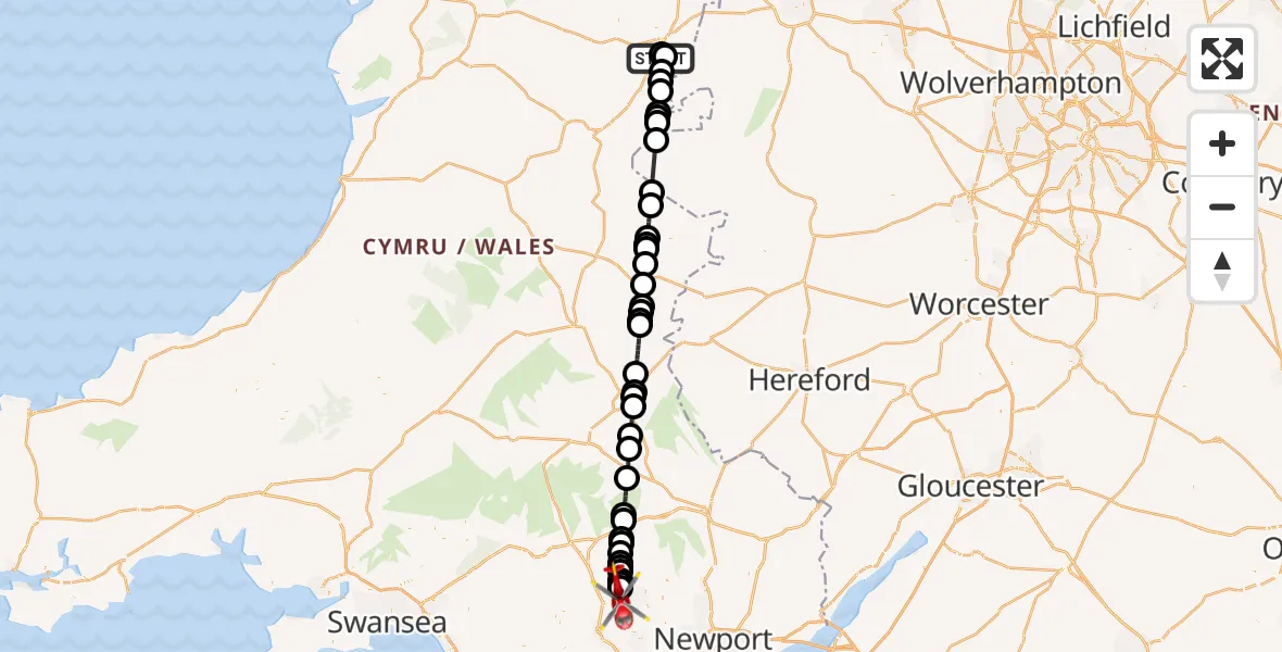 Flight path map showing Air Ambulance Helicopter route from Welshpool Airport to Gelligaer