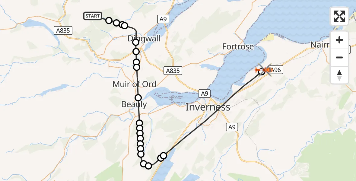 Flight path map showing Coastguard Helicopter route from Highland to Inverness Airport