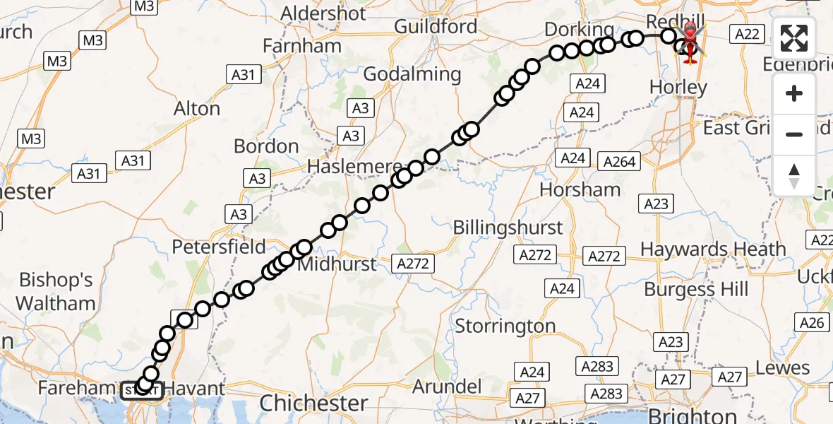 Flight path map showing Air Ambulance Helicopter route from Queen Alexandra Hospital to Redhill Aerodrome