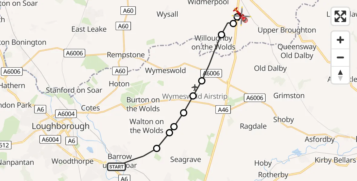 Flight path map showing Air Ambulance Helicopter route from Barrow upon Soar to Nottingham Heliport