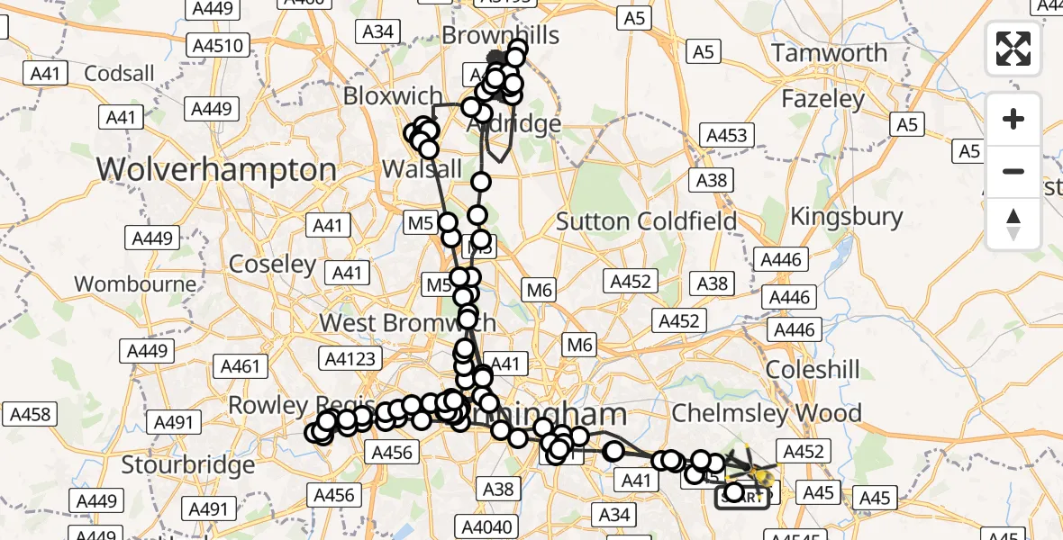 Flight path map showing Police Helicopter route from Solihull to Birmingham Airport