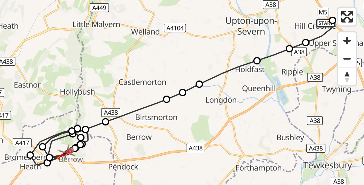 Flight path map showing Air Ambulance Helicopter route from Hill Croome to Berrow Airstrip