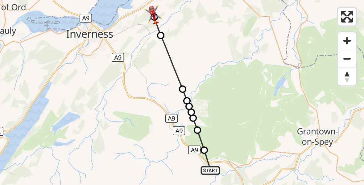 Flight path map showing Air Ambulance Helicopter route from Slochd to Inverness