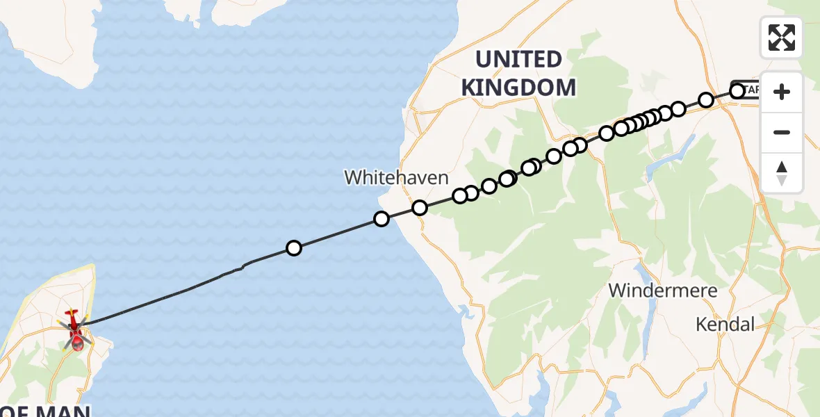 Flight path map showing Air Ambulance Helicopter route from Edenhall to Irish Sea