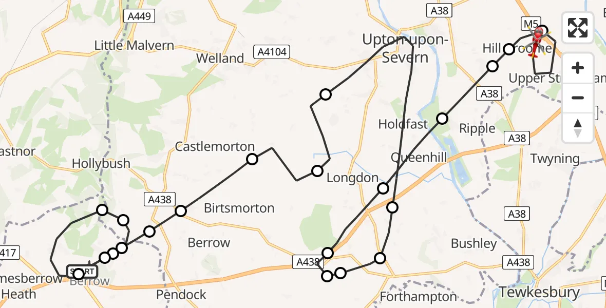 Flight path map showing Air Ambulance Helicopter route from Berrow Airstrip to Upper Strensham
