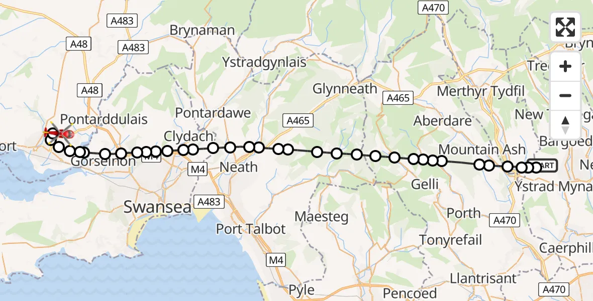 Flight path map showing Air Ambulance Helicopter route from Gelligaer to Dafen