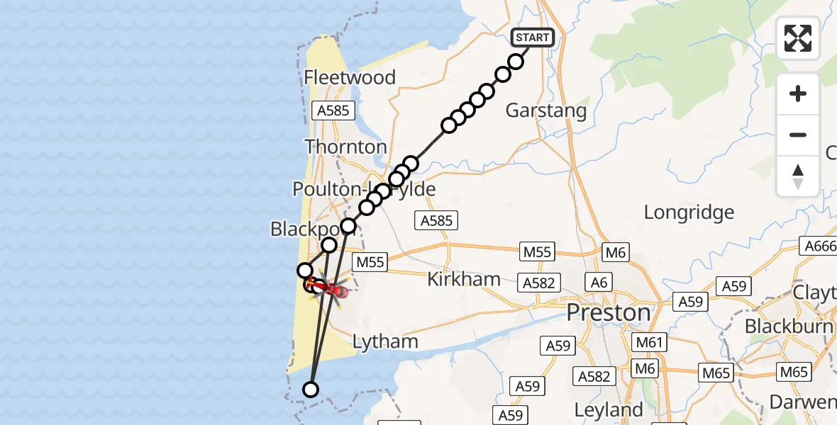 Flight path map showing Air Ambulance Helicopter route from Forton to Blackpool Airport