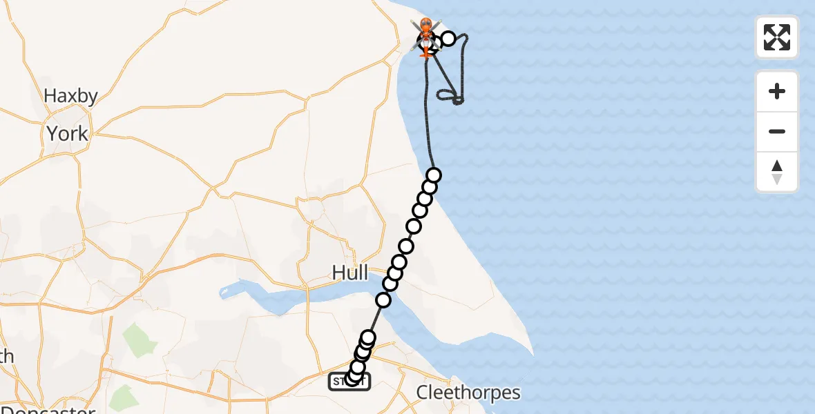 Flight path map showing Coastguard Helicopter route from Humberside Airport to Bridlington