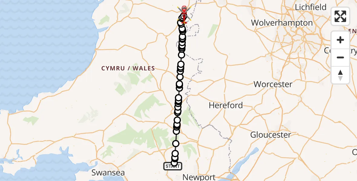 Flight path map showing Air Ambulance Helicopter route from Gelligaer to Welshpool Airport
