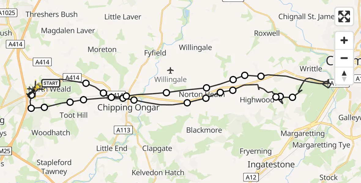 Flight path map showing Police Helicopter route from North Weald Bassett to North Weald Airfield