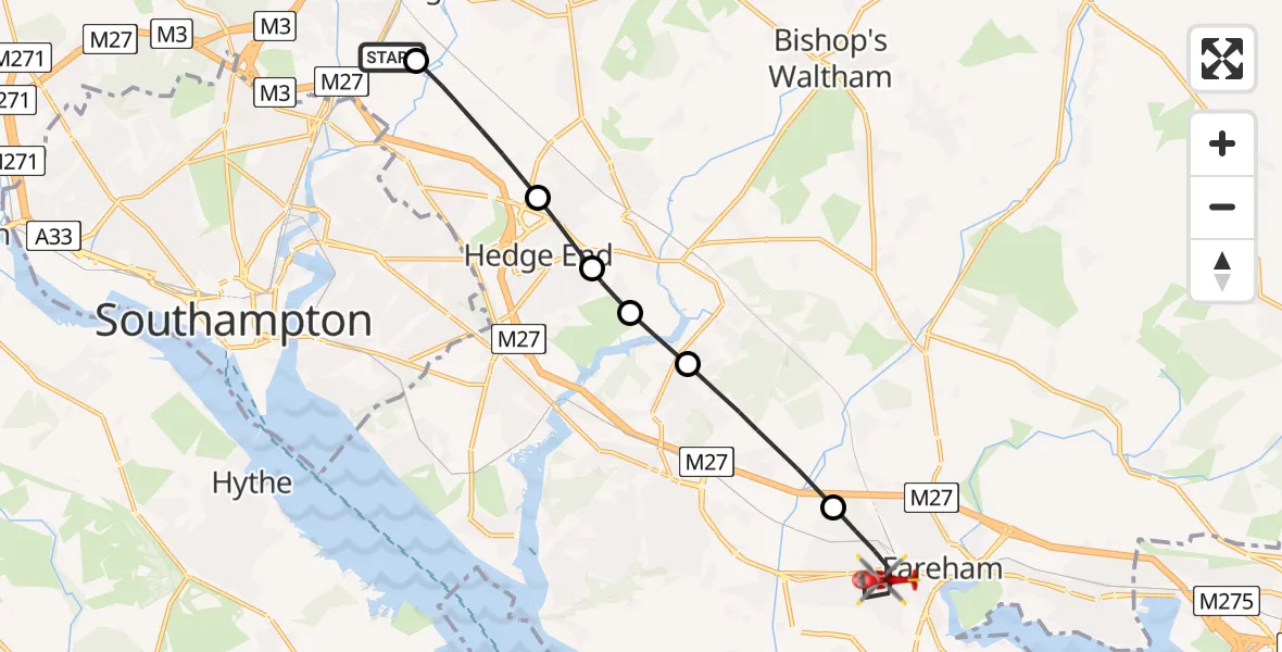 Flight path map showing Air Ambulance Helicopter route from Southampton Airport to Fareham
