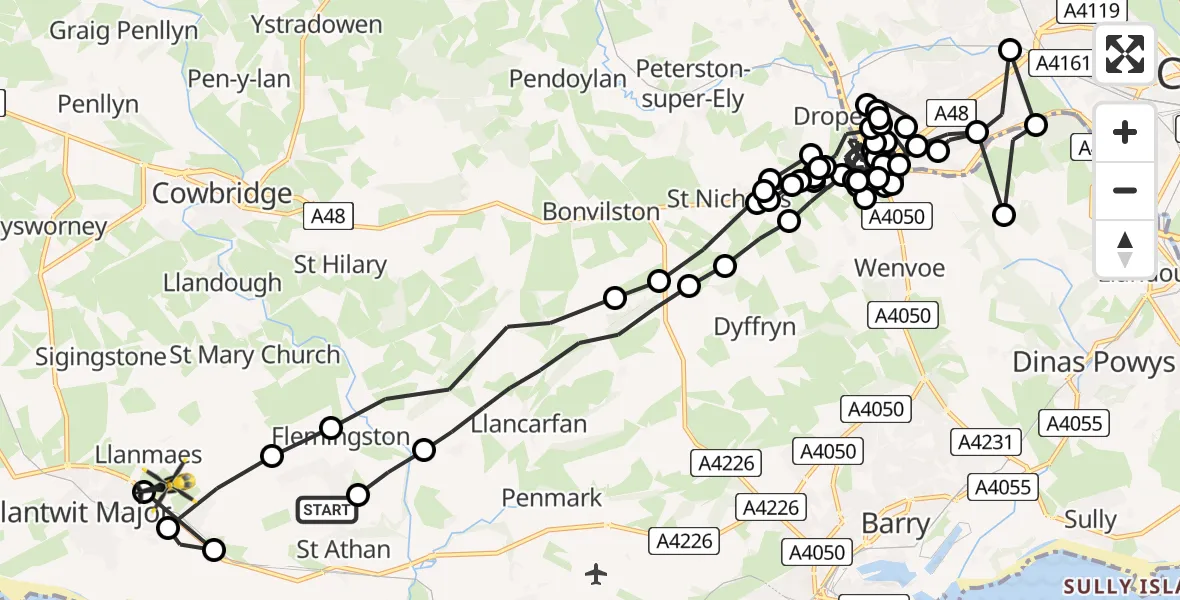 Flight path map showing Police Helicopter route from MOD St Athan to Boverton