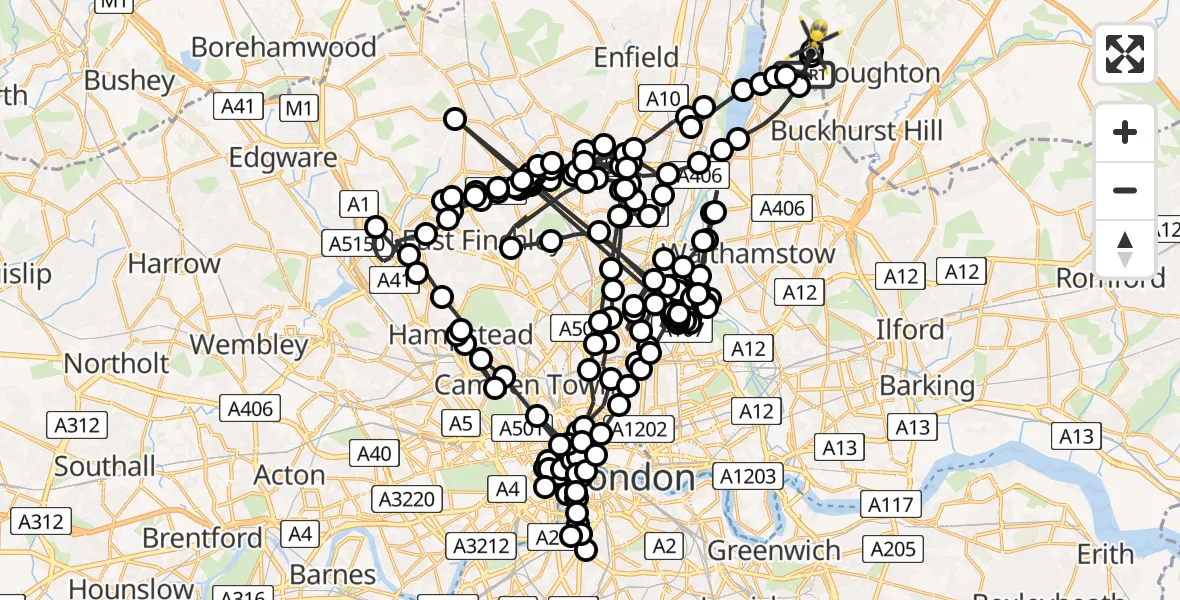 Flight path map showing Police Helicopter route from Sewardstonebury to Metropolitan Police Air Support Unit Lippitts Hill