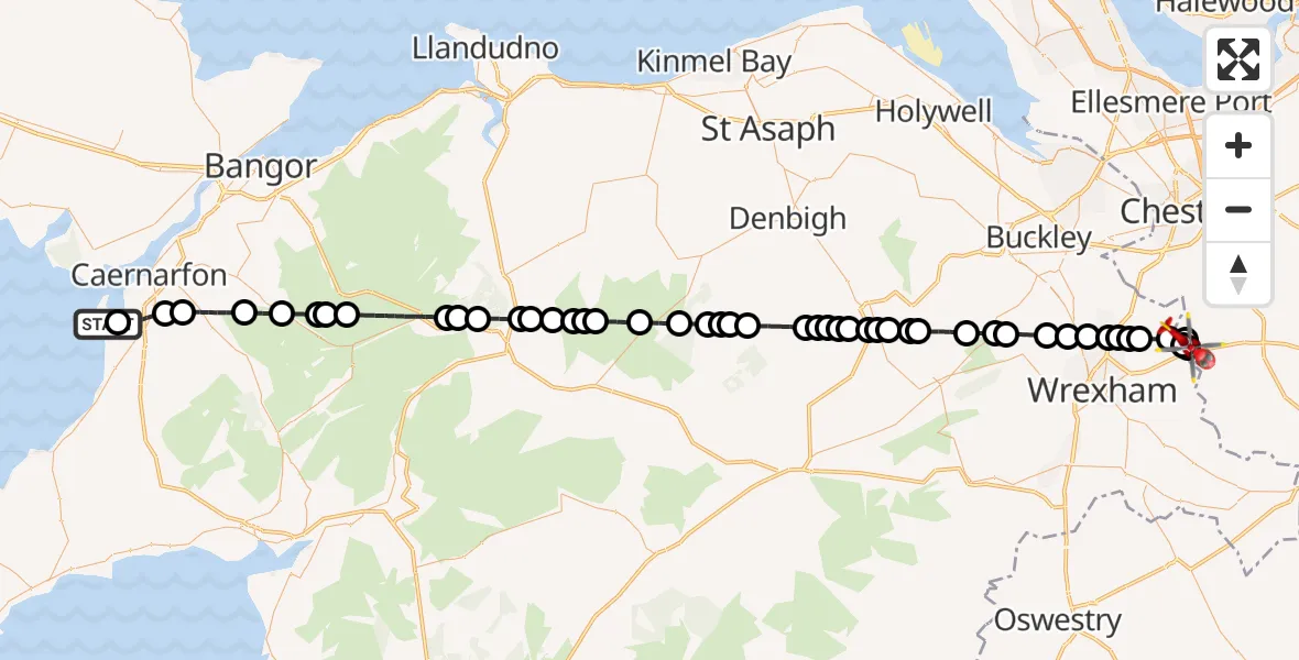 Flight path map showing Air Ambulance Helicopter route from Caernarfon Airport to Crewe by Farndon