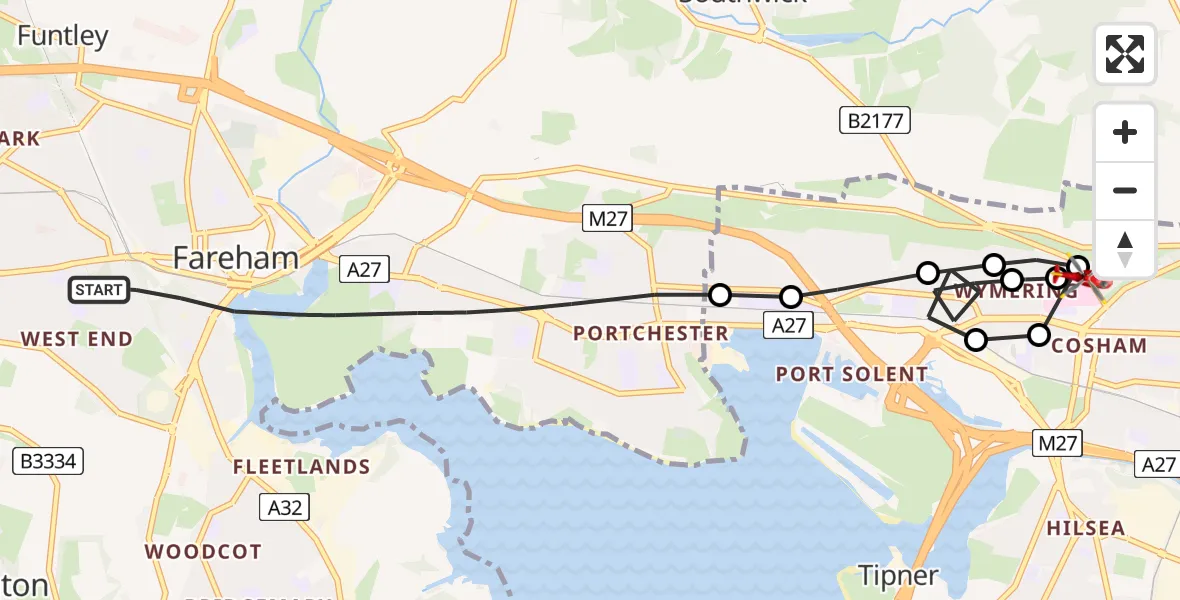 Flight path map showing Air Ambulance Helicopter route from Fareham to Queen Alexandra Hospital