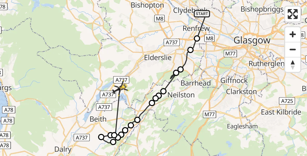 Flight path map showing Police Helicopter route from Glasgow to Newton of Belltrees