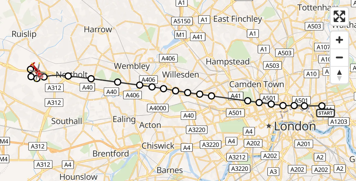 Flight path map showing Air Ambulance Helicopter route from Royal London Hospital to RAF Northolt