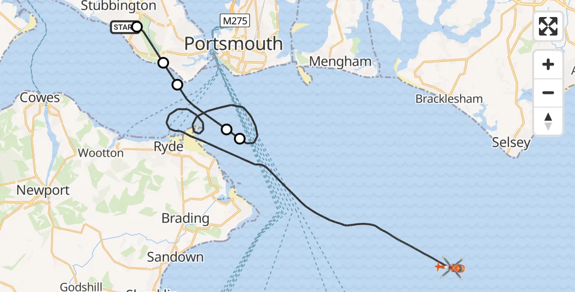 Flight path map showing Coastguard Helicopter route from Solent Airport to English Channel