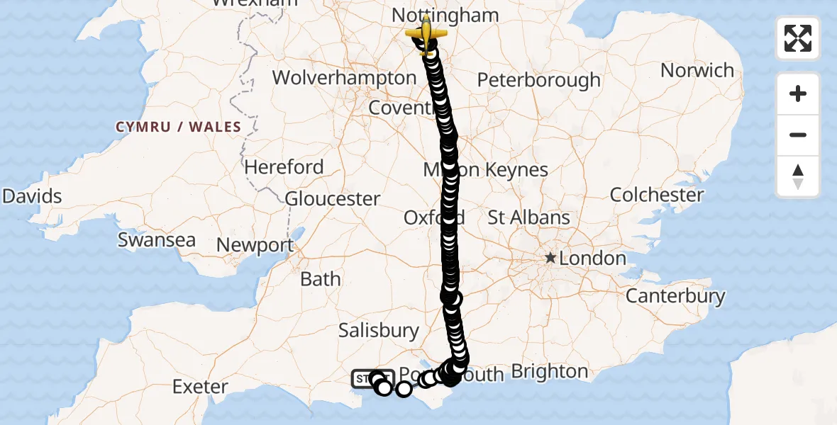 Flight route Police Aircraft Bournemouth Airport - East Midlands Airport, 23 April 2026, 19:25