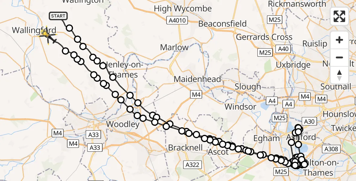 Flight path map showing Police Helicopter route from Ewelme to South Oxfordshire