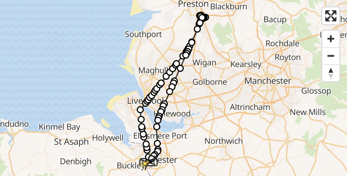 Flight path map showing Police Helicopter route from Hawarden Airport to Hawarden Airport