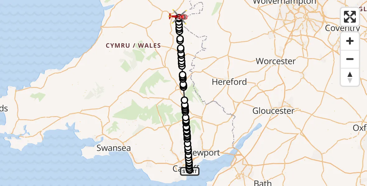 Flight path map showing Air Ambulance Helicopter route from Cardiff Heliport to Ceri