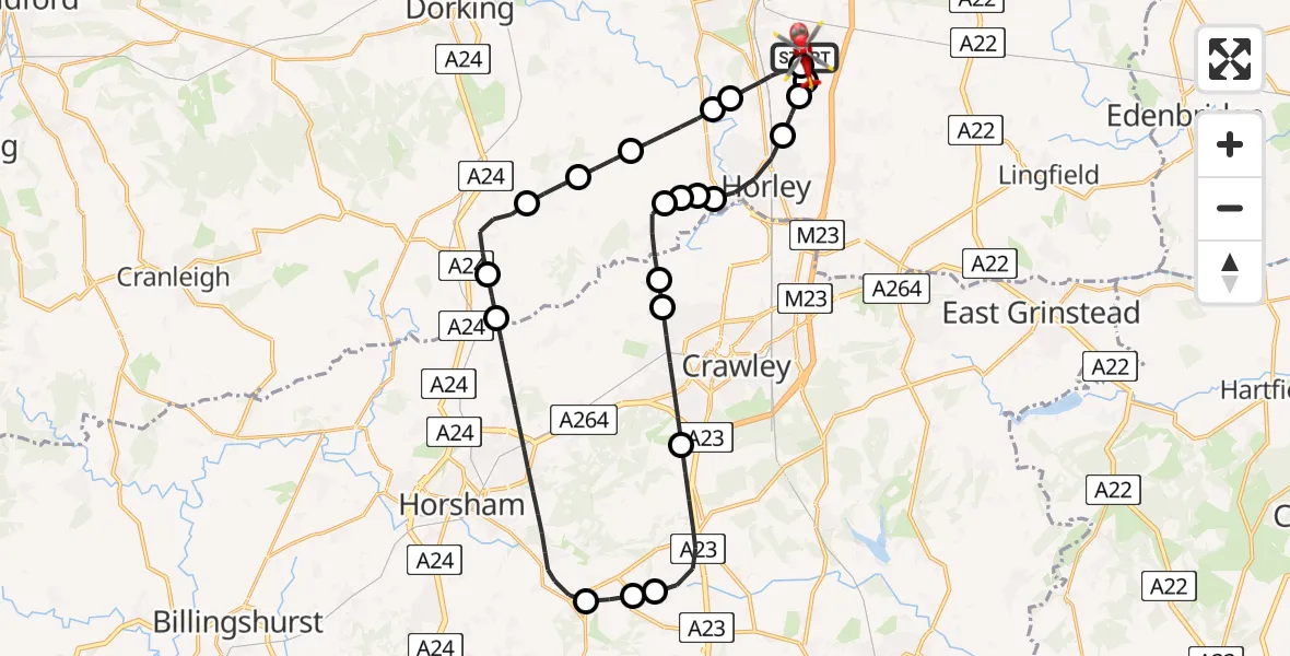Flight path map showing Air Ambulance Helicopter route from Redhill Aerodrome to Redhill Aerodrome