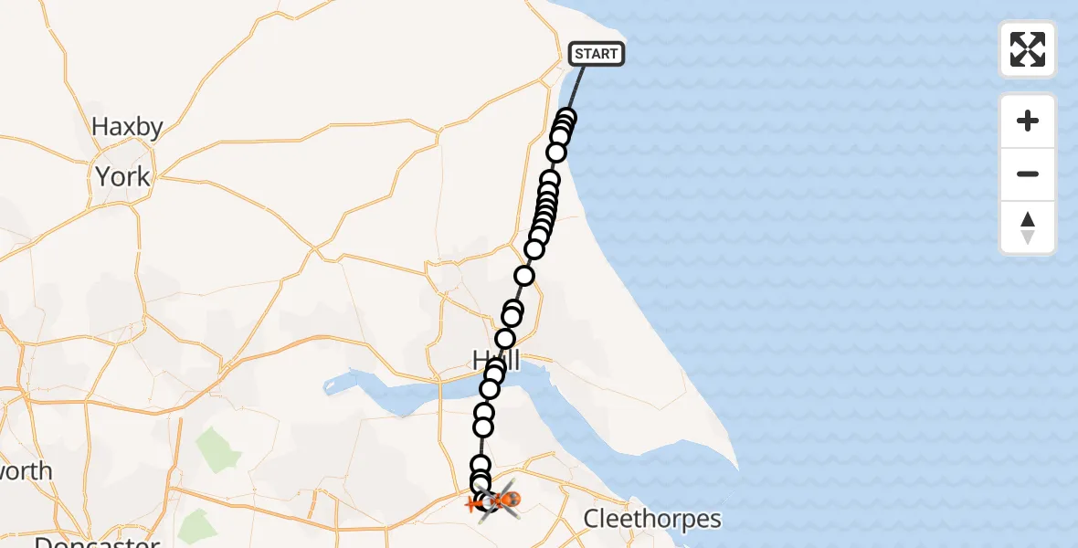 Flight path map showing Coastguard Helicopter route from Bridlington to Humberside Airport
