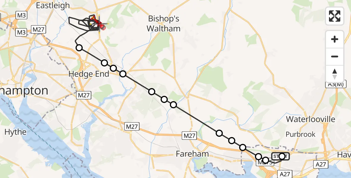 Flight path map showing Air Ambulance Helicopter route from Queen Alexandra Hospital to Eastleigh