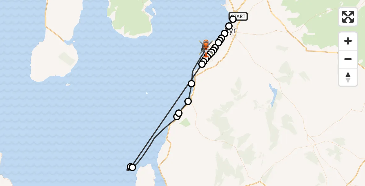 Flight path map showing Coastguard Helicopter route from Glasgow Prestwick Airport to Inner Seas
