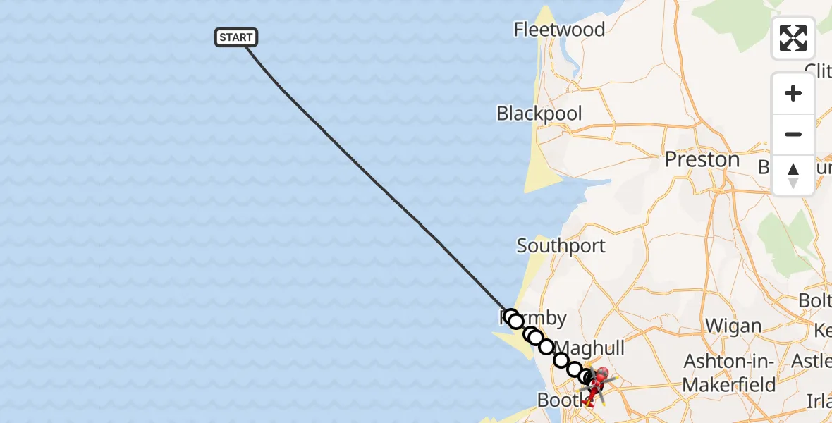Flight path map showing Air Ambulance Helicopter route from Irish Sea to Aintree University Hospital Heliport
